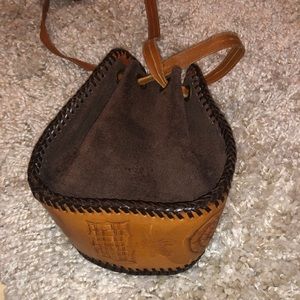 Brown Suede with Leather Tooling Bucket Bag